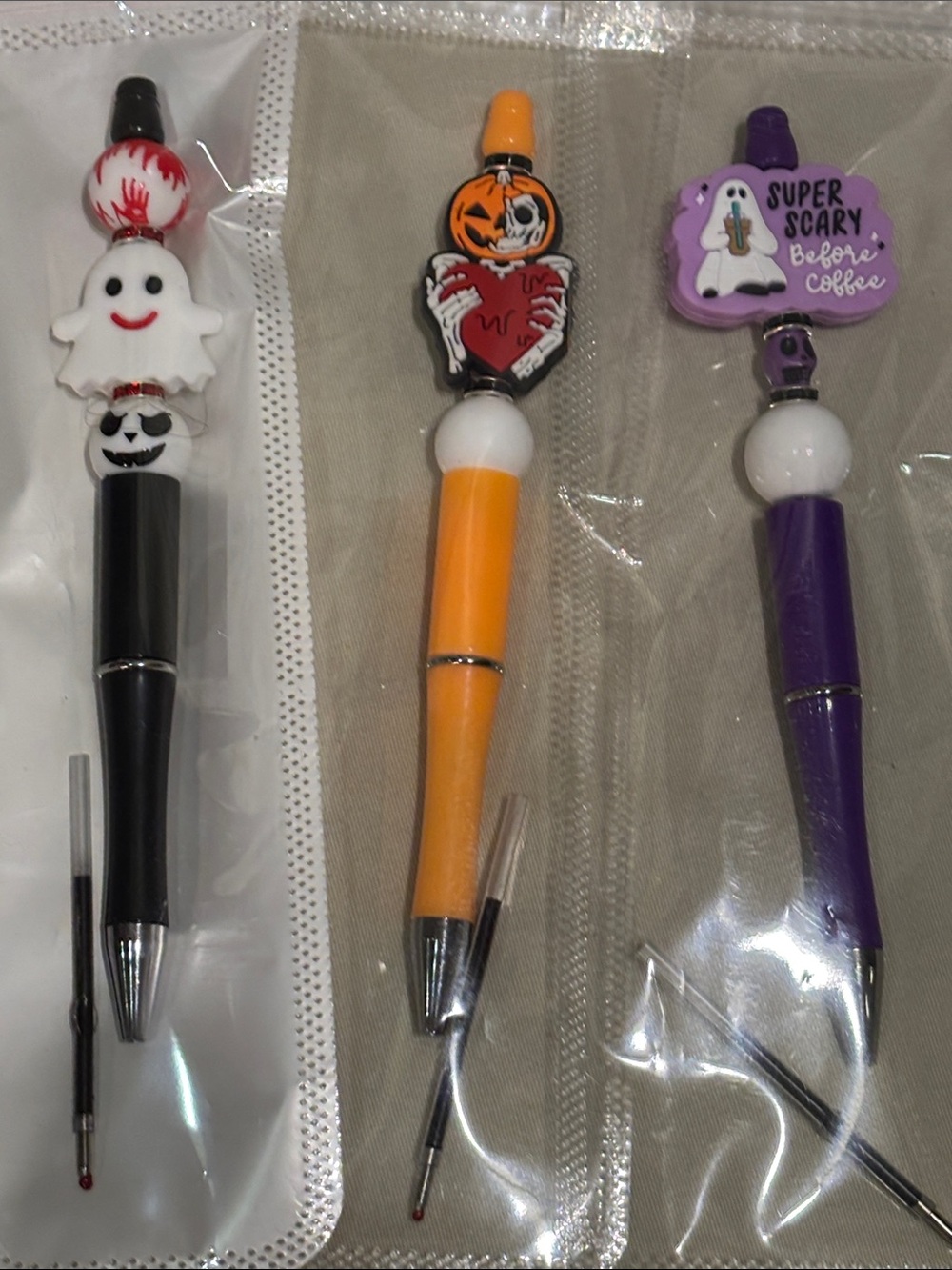 Halloween Ghost, Pumpkin & Ghost Coffee Beaded Pen Set - Black, Orange, Purple